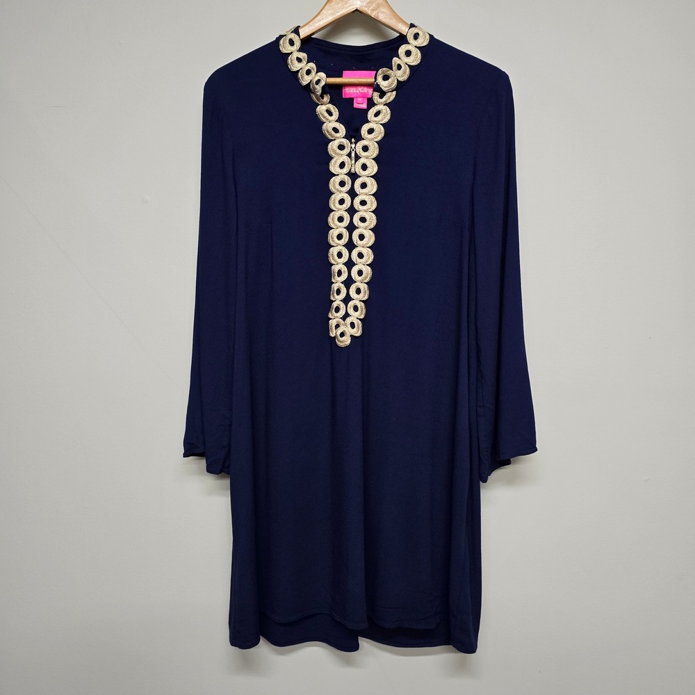 Lilly Pulitzer Gracelynn Dress Women 12 Navy Rayon Gold Embroidery Preppy Shift